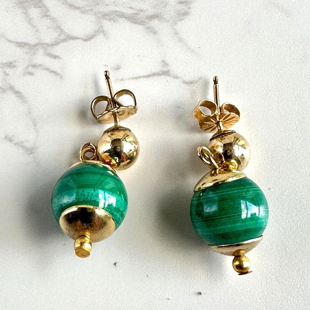 Gold Plated Green Glass Dangle Earrings 1"